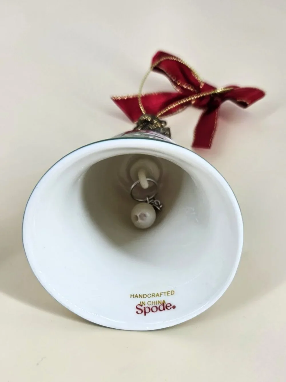 Spode 2013 Teddy Bear Christmas Tree Porcelain Bell Ornament Red Ribbon Bow NOS
